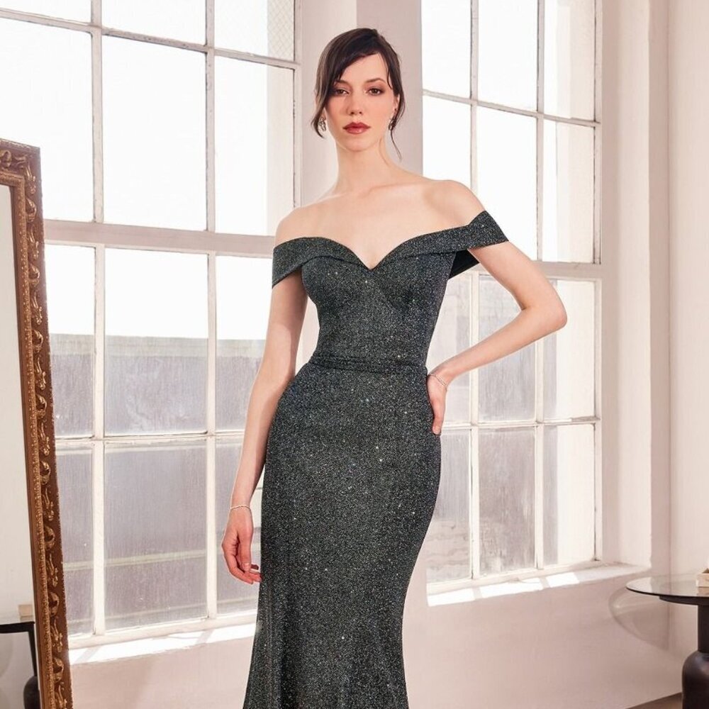 New Off Shoulder Glitter Long Gown w/ Zip Back & Sweetheart Neckline CD T602